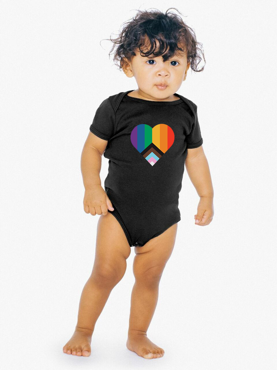 Baby wearing black pride hearth onesie