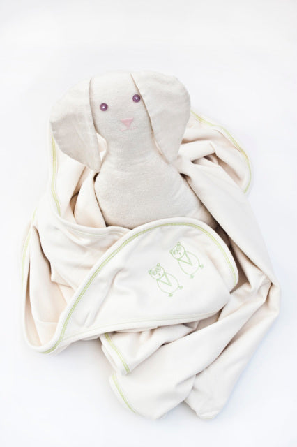 Natural/Green Owls Soft Organic Cotton Hooded Blanket