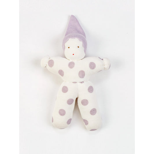 Waldorf a baby doll in natural cotton with purple dots